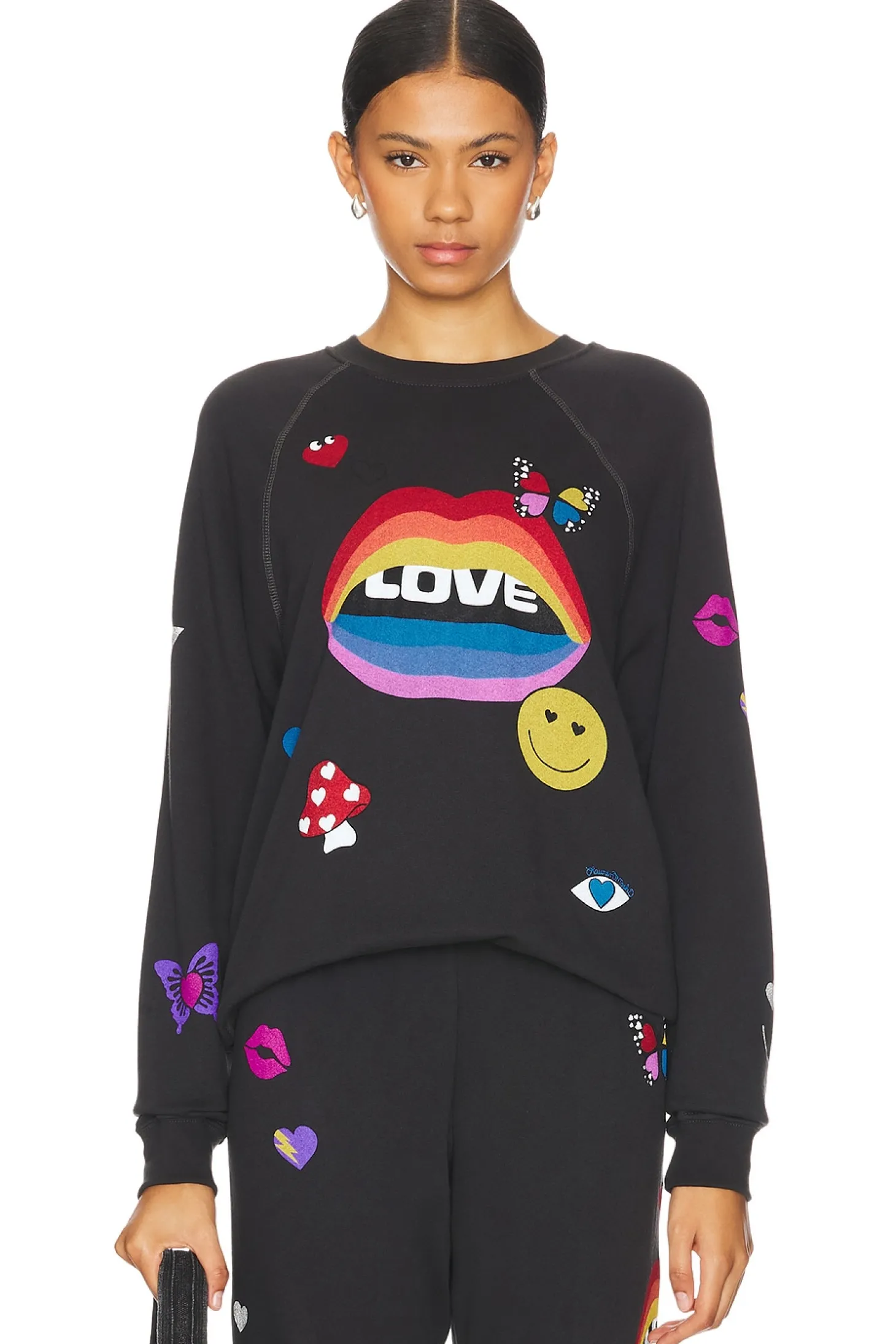 Anela Crew Neck Raglan Pullover Love Collage