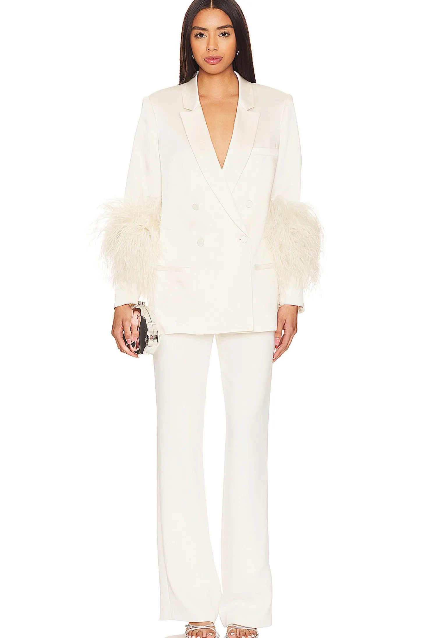 Doubleface Satin Broad Shoulder Blazer W Ostrich