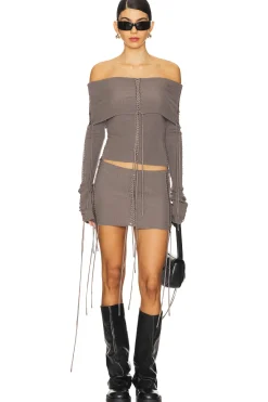 Extreme Fold Over Lace Up Knit Top