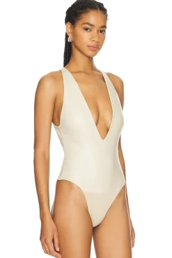 Faux Leather Plunge Neck Bodysuit