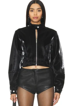 Faux Patent Leather Cropped Moto Jacket
