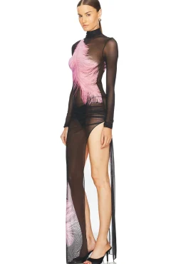 Feather Printed Long Sleeve Mesh Gown