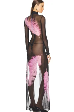 Feather Printed Long Sleeve Mesh Gown