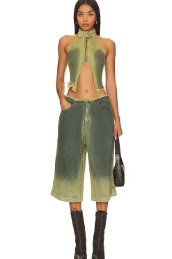 Green Denim Buckle Neck Top