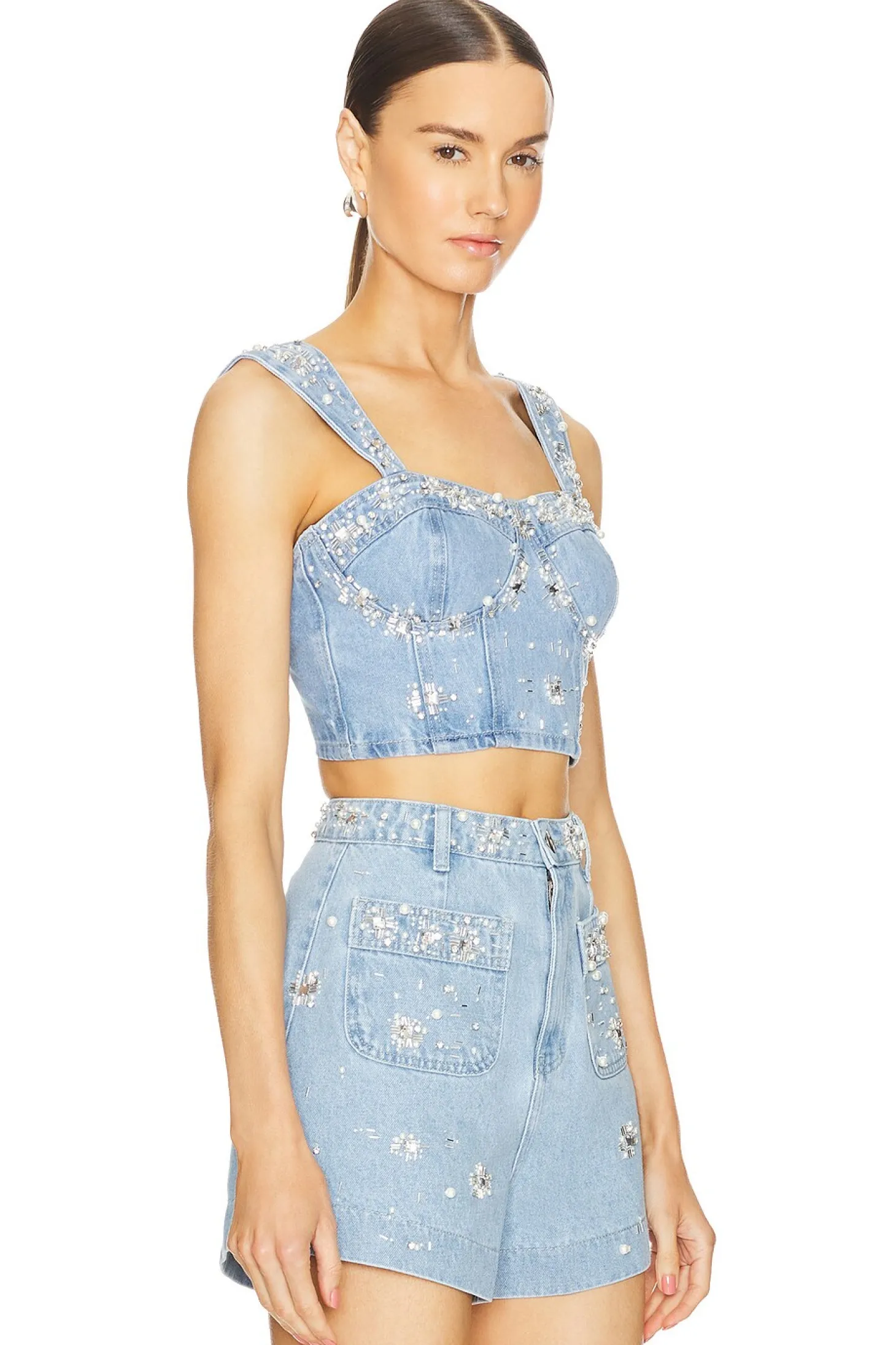 Hand-Beaded Denim Top