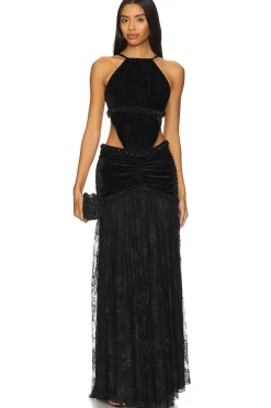 High Neck Velvet And Lace Gown