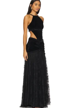High Neck Velvet And Lace Gown