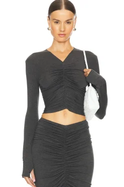 Long Sleeve V Neck Shirred Front Top