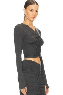 Long Sleeve V Neck Shirred Front Top