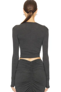 Long Sleeve V Neck Shirred Front Top