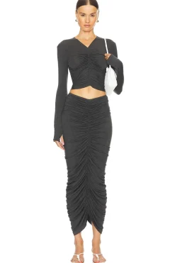 Long Sleeve V Neck Shirred Front Top