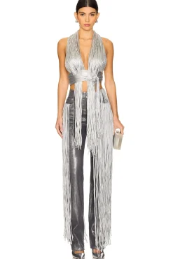 Metallic Fringe Straight Leg Pant
