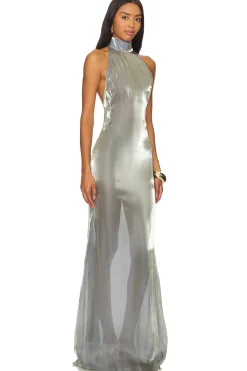 Metallic Organza Halter Open Back Gown