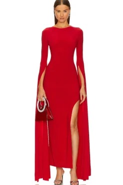 Open Back Ribbon Sleeve Wide Slit Gown