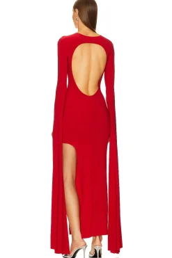 Open Back Ribbon Sleeve Wide Slit Gown