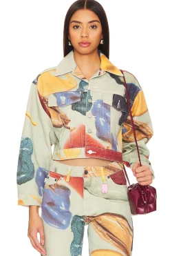 Paint Print Cropped Denim Jacket