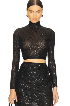 Sequin Cropped Long Sleeve Mock Neck Top