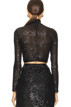 Sequin Cropped Long Sleeve Mock Neck Top