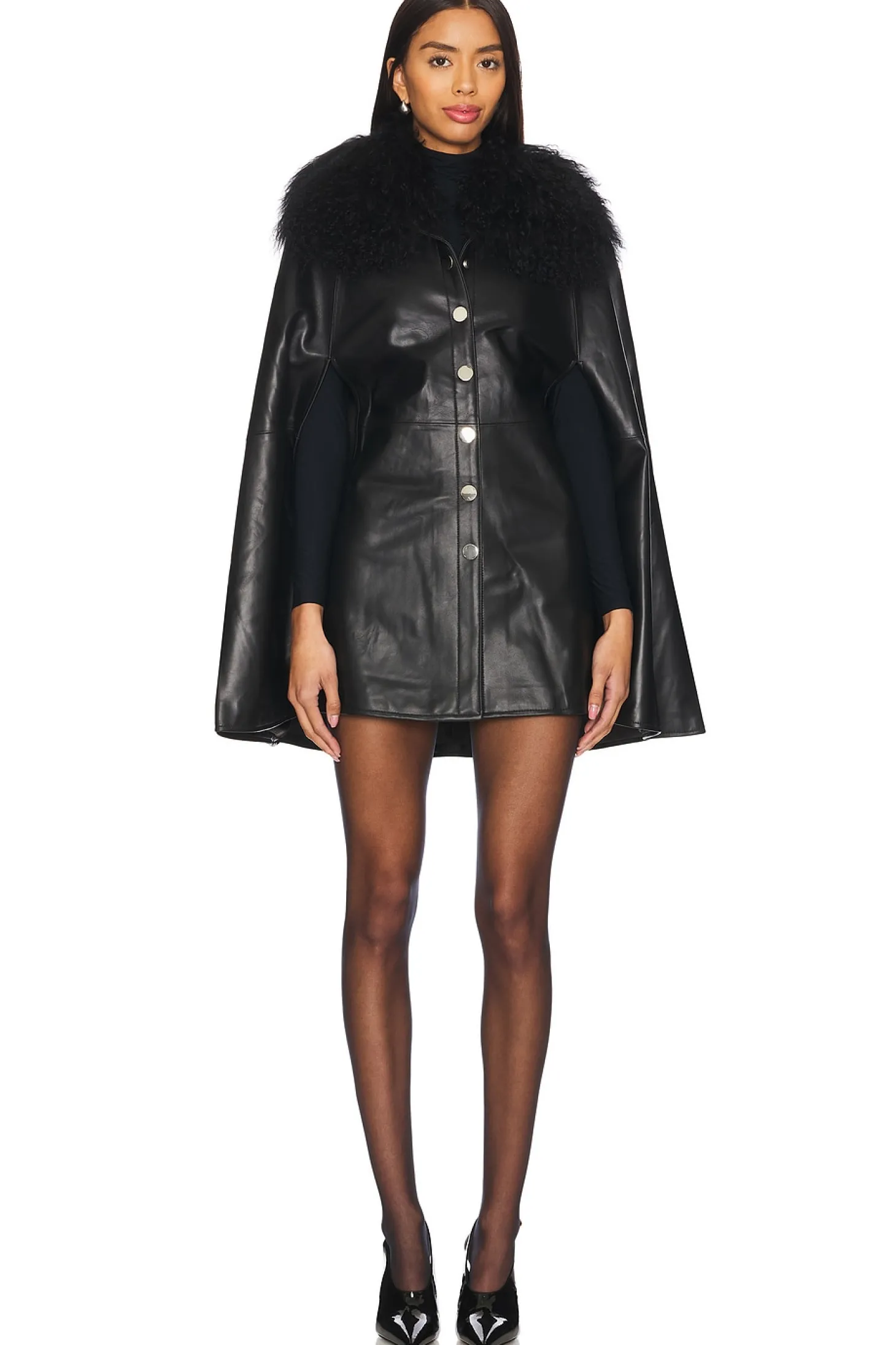 Sheila Removable Shearling Collar Leather Cape