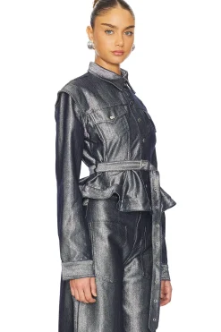 Silver Denim Cinched Jacket With Belt